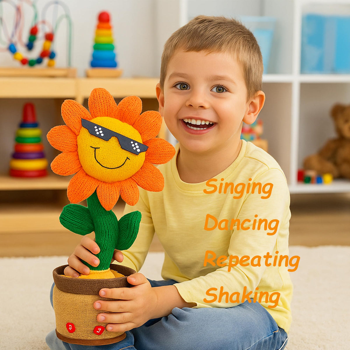 Easfan sunflower toy battery compartment highlights easy setup for quick play sessions.