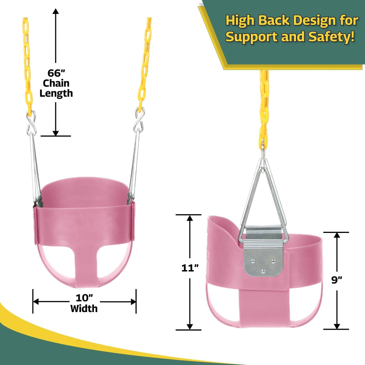 Eastern Jungle Gym beam attachment pink swing, demonstrating versatile compatibility up to 9 feet.