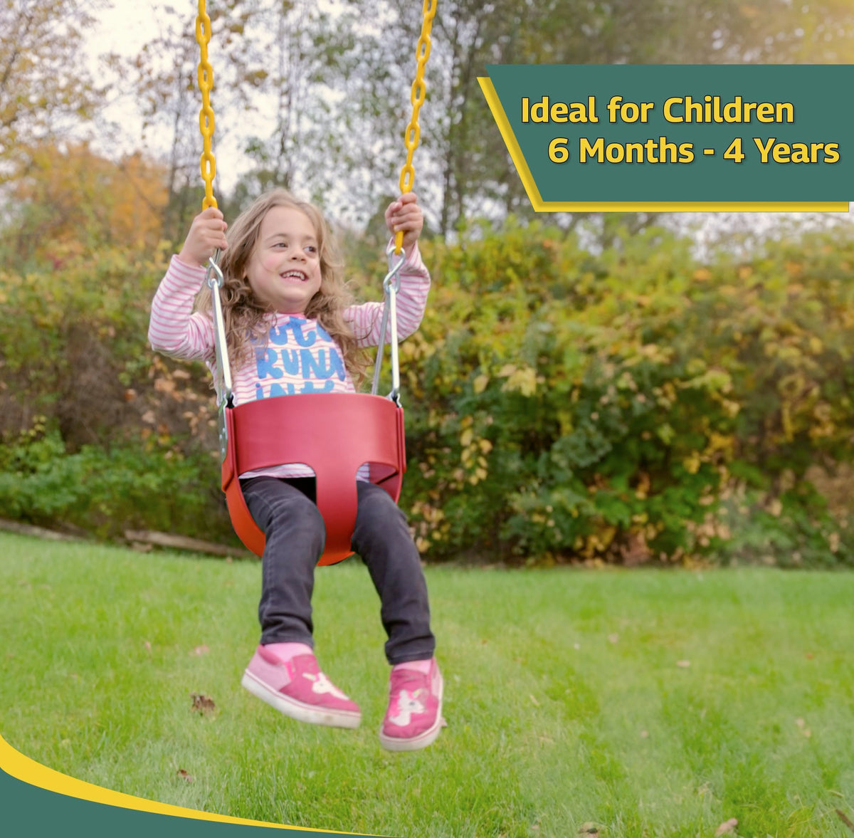 Eastern Jungle Gym coated chains with yellow bottom provide a comfortable, pinch-free grip.