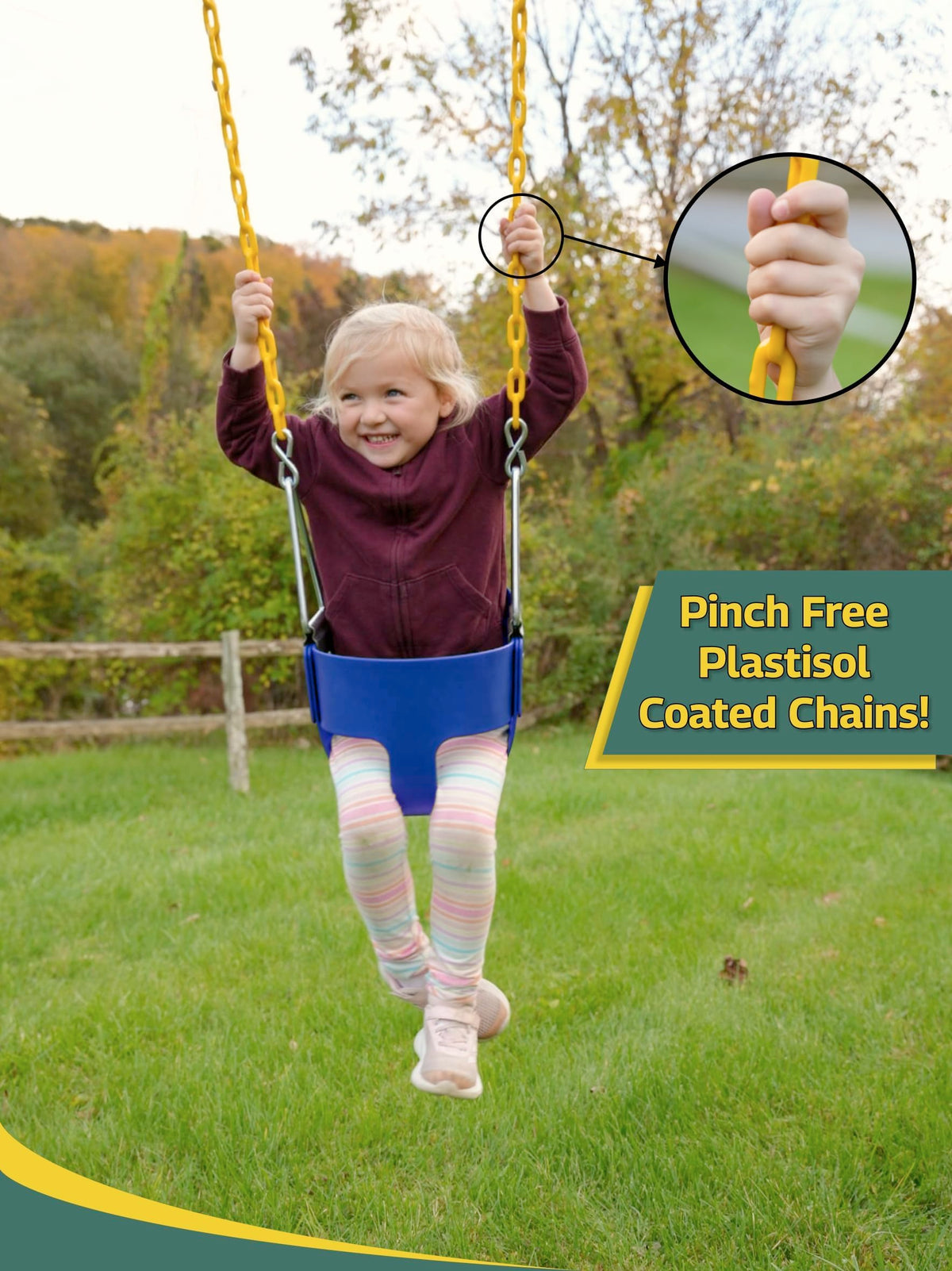 Eastern Jungle Gym coated chains with yellow plastisol offer a comfortable, pinch-free grip.