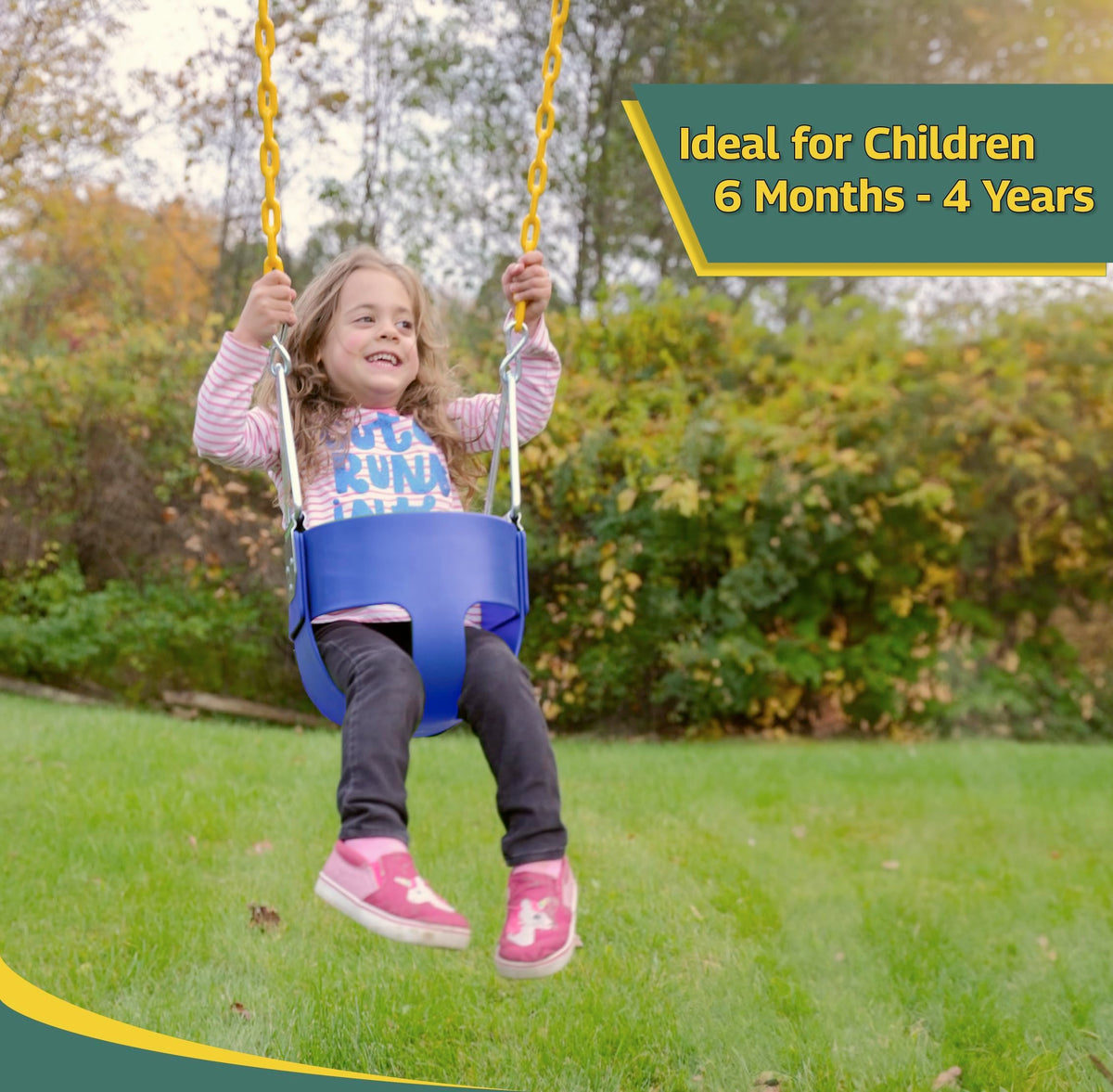 Enclosed high-back design provides extra support during children’s swinging sessions.