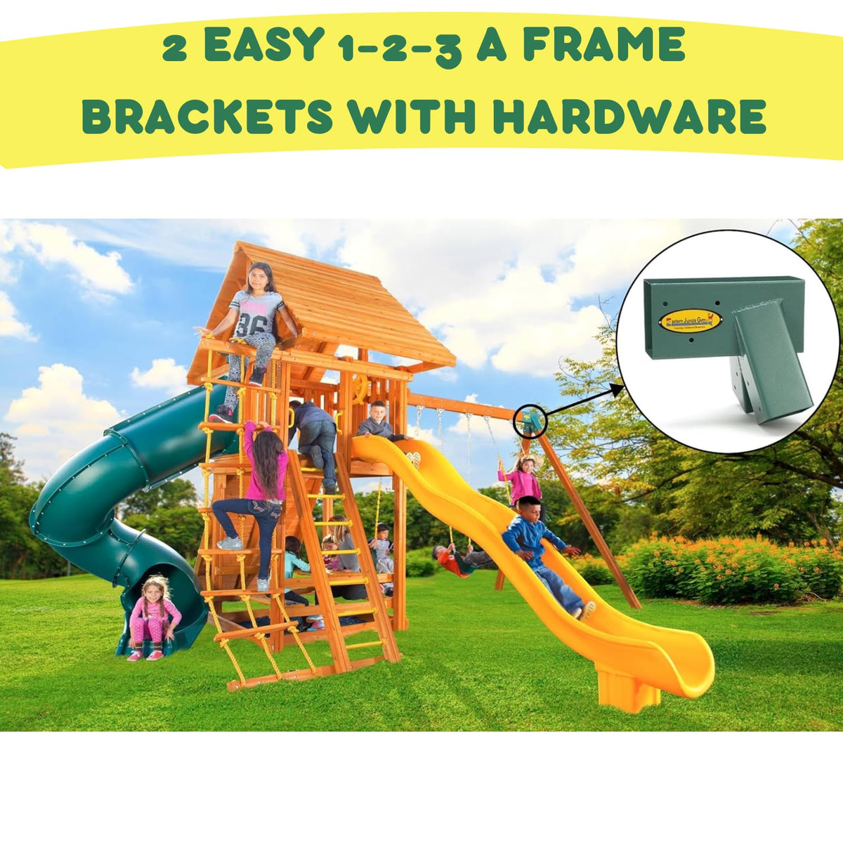 Eastern Jungle Gym green swing set anchors keep the frame steady.