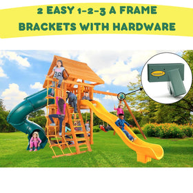 Eastern Jungle Gym green swing set anchors keep the frame steady.