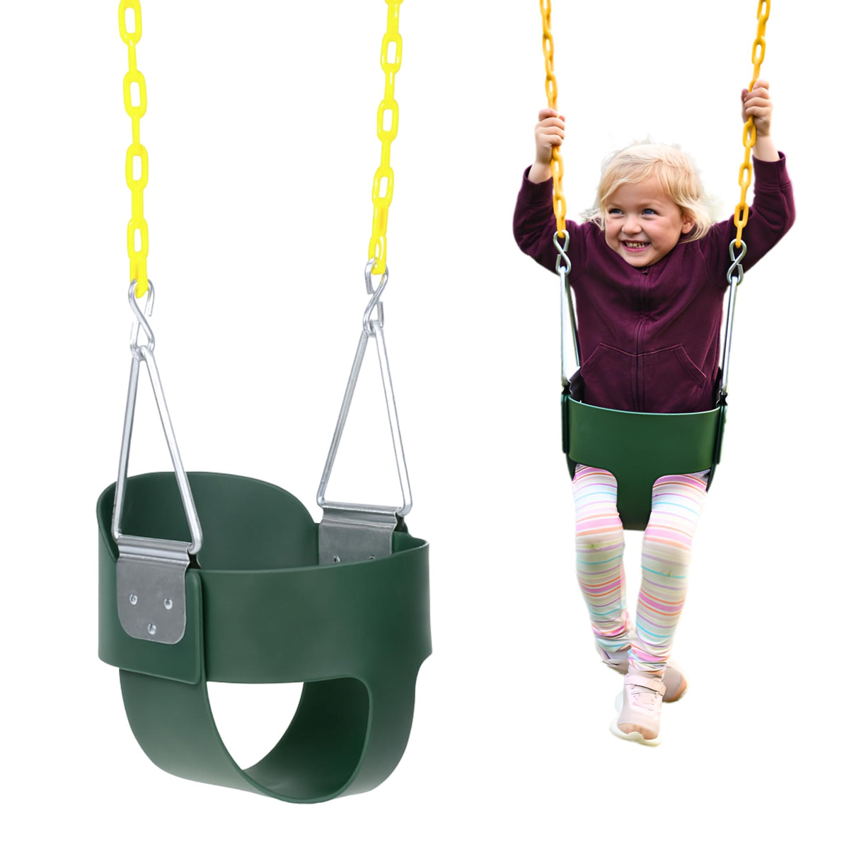 Eastern Jungle Gym high-back full bucket toddler swing seat provides secure support for young riders.