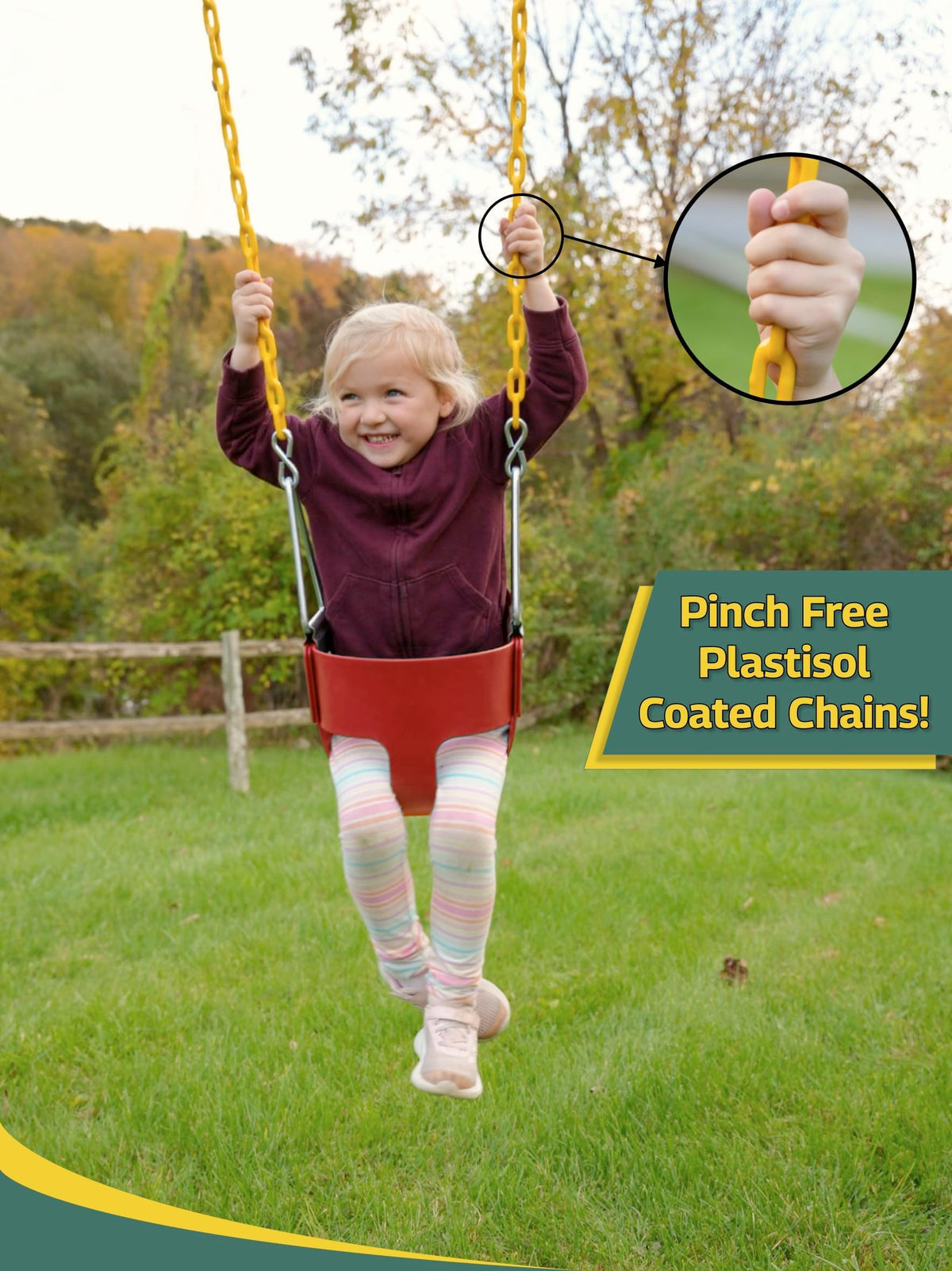 Eastern Jungle Gym red toddler swing seat close up showing enclosed safe design.