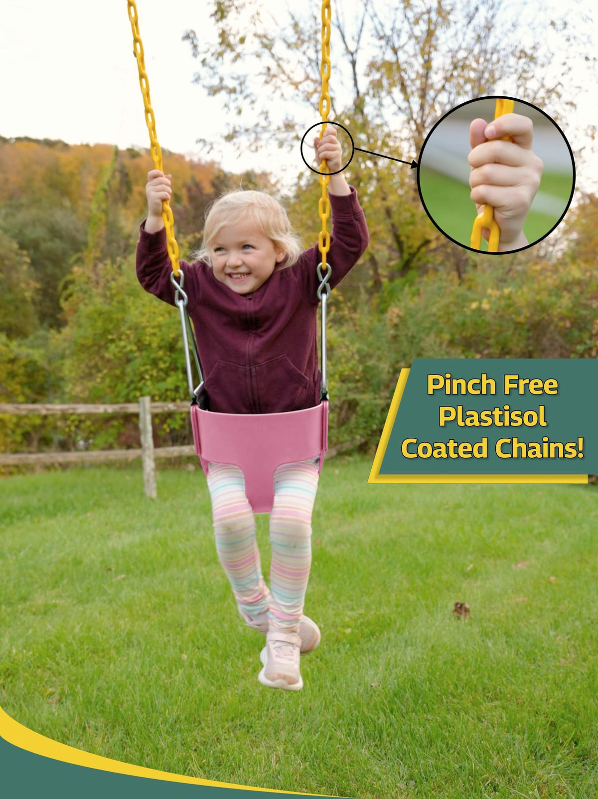 Eastern Jungle Gym toddler swing seat pink, side profile highlighting ergonomic back support.