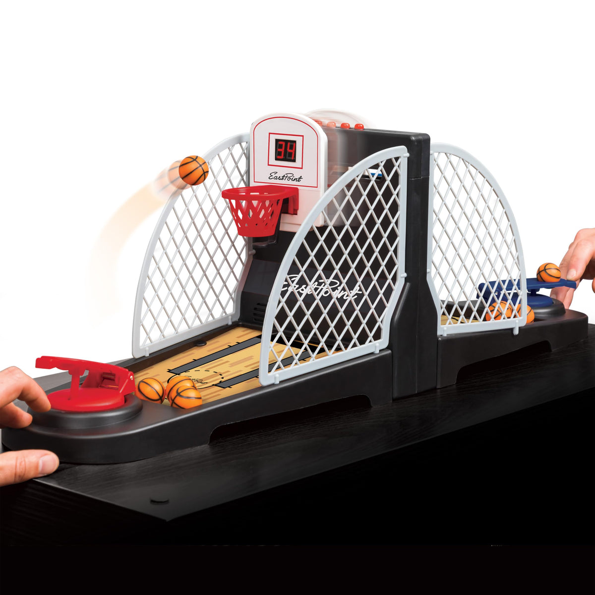 EastPoint Movin' Hoops front view shows compact indoor basketball action for kids.