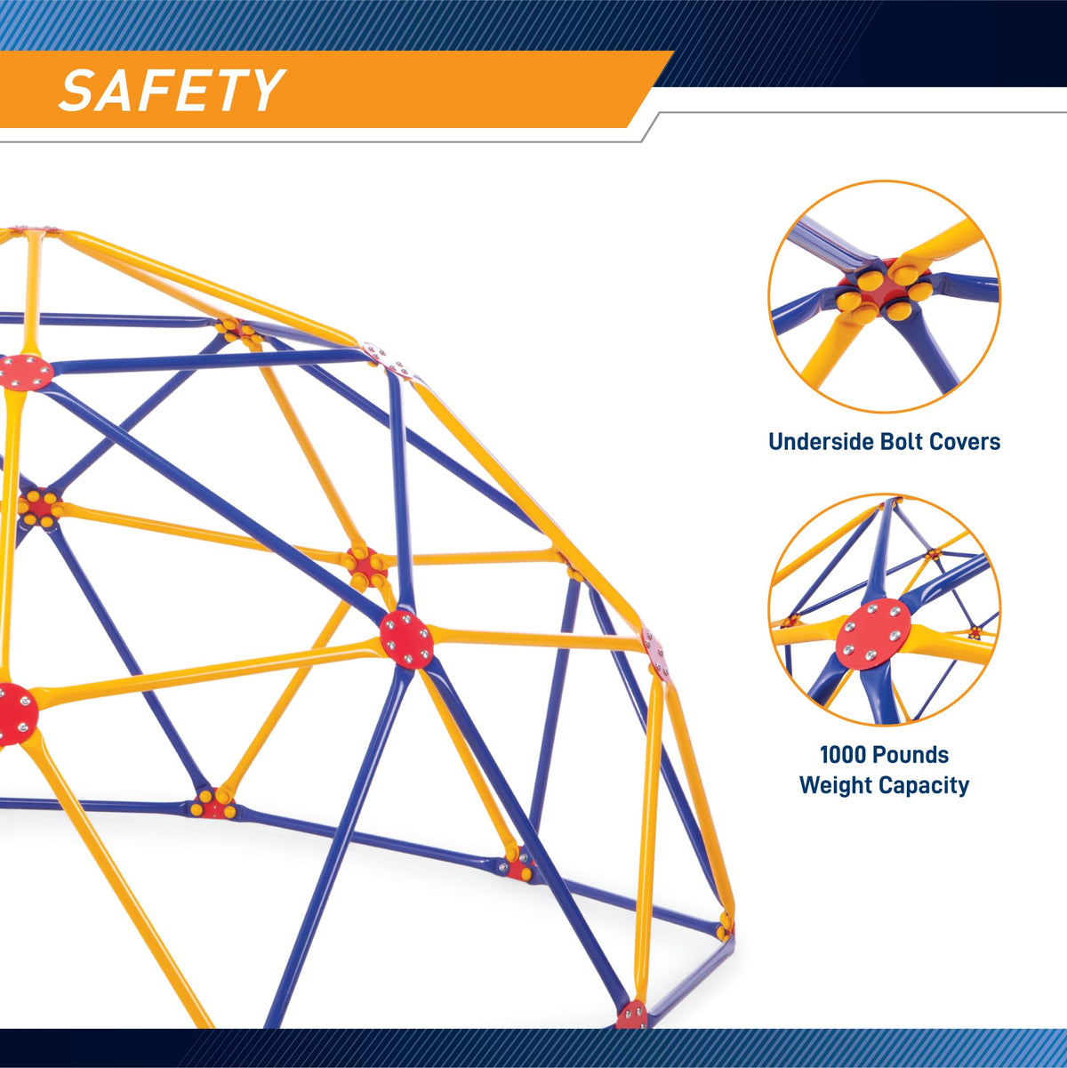 Easy Outdoor Space Dome Climber assembly image emphasizes secure nuts and safe setup.