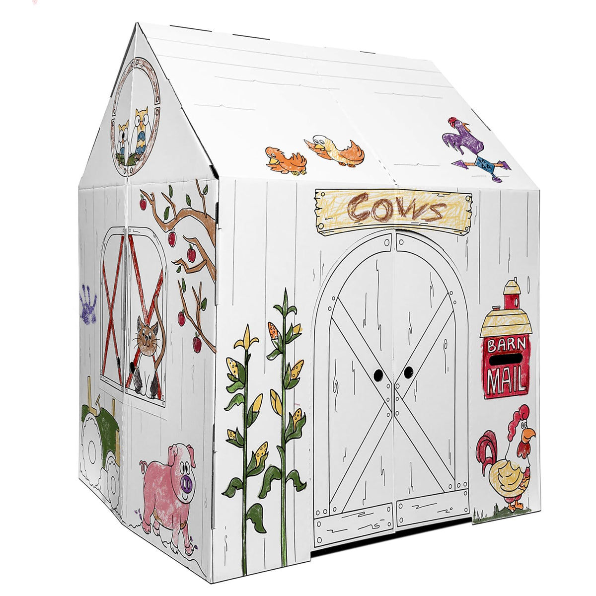 Easy Playhouse Barn windows and doors provide fold-out access for interactive play.