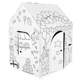 Easy Playhouse Birthday cardboard playhouse as a creative party centerpiece.
