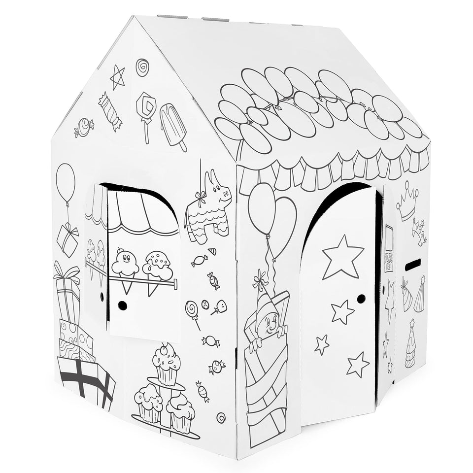 Easy Playhouse Birthday cardboard playhouse as a creative party centerpiece.
