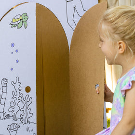 Easy Playhouse cardboard fort assembly shows quick setup.