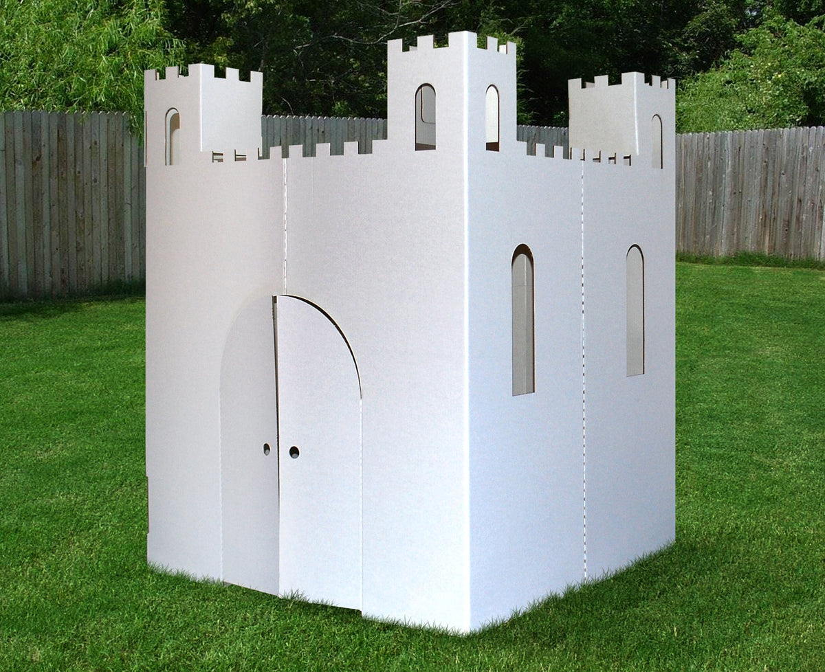 Easy Playhouse castle with windows and doors for pretend mail delivery.
