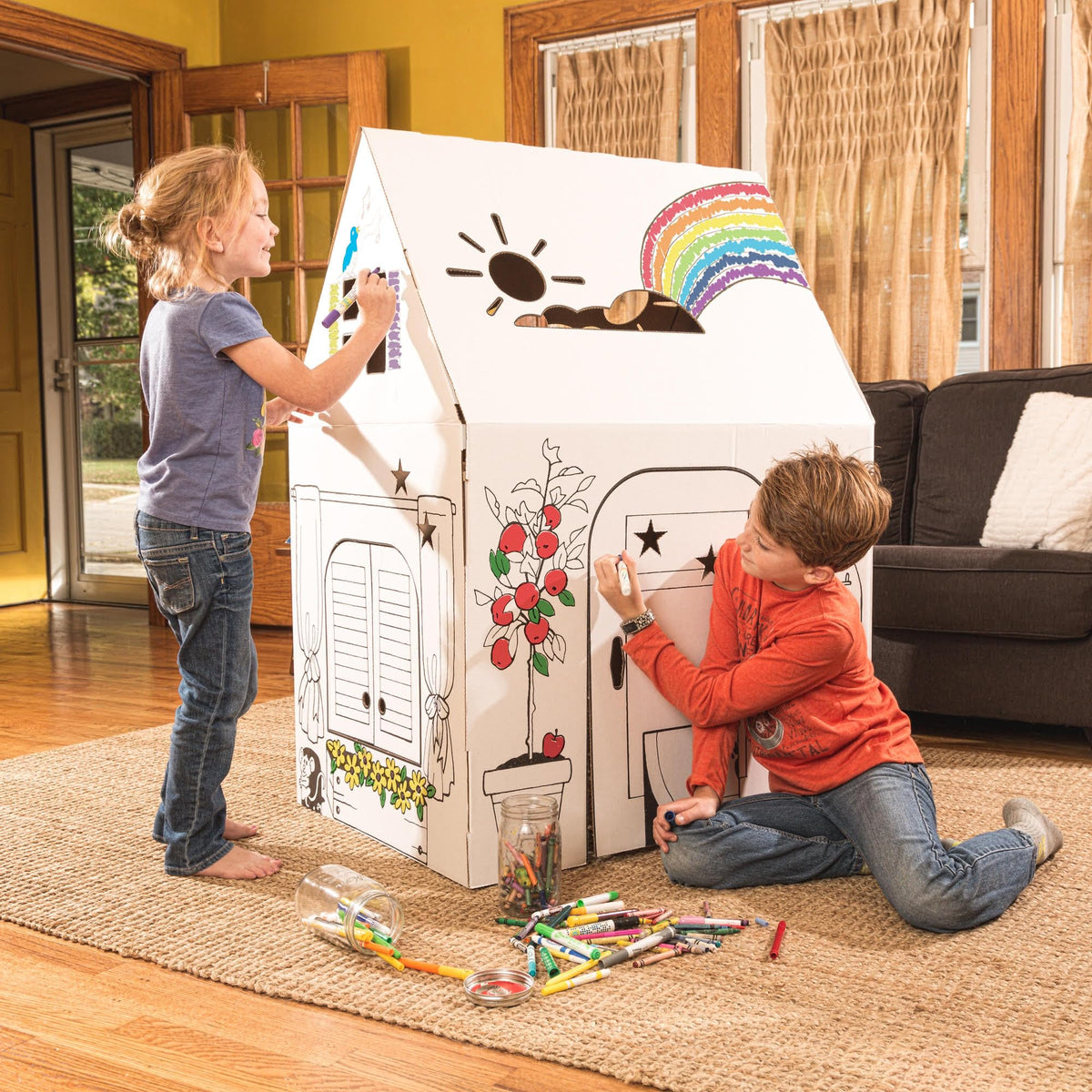 Easy Playhouse Clubhouse side view showing spacious cardboard fort.