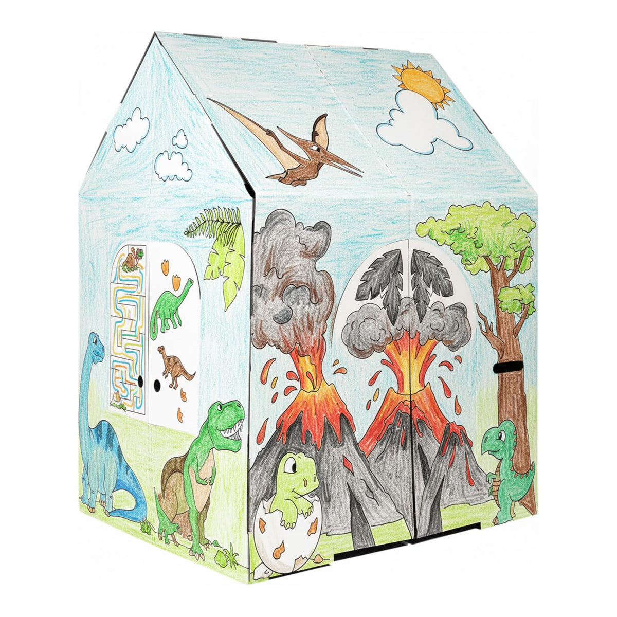 Easy Playhouse Dinosaur House front view shows a sturdy, colorful space for creative play