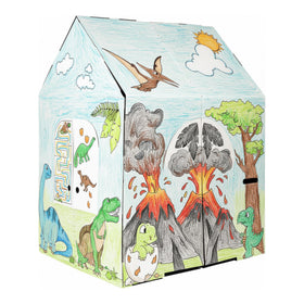 Easy Playhouse Dinosaur House front view shows a sturdy, colorful space for creative play