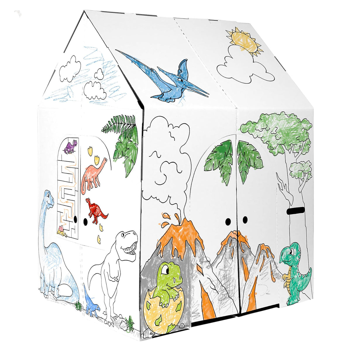 Easy Playhouse Dinosaur House openings invite peekaboo play while you color and customize