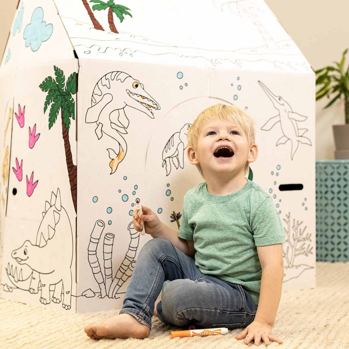 Easy Playhouse Dinosaur House side view highlights portable design for indoor and outdoor fun