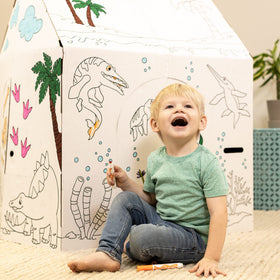 Easy Playhouse Dinosaur House side view highlights portable design for indoor and outdoor fun