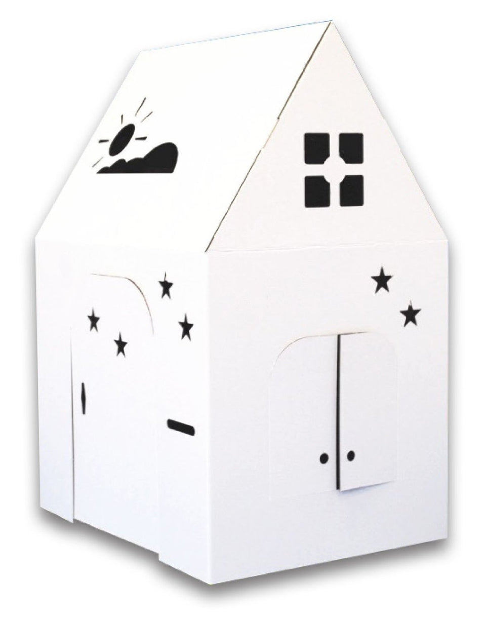 Easy Playhouse front view shows a sturdy cardboard house ready for imaginative play