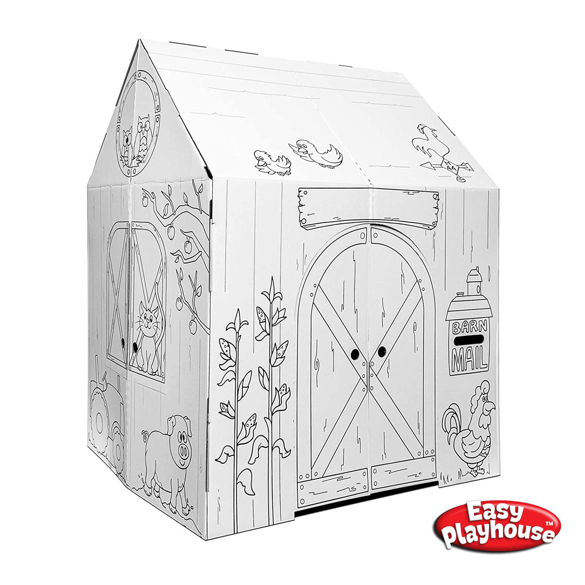 Easy Playhouse Made in USA emphasizes durable cardboard construction for versatile use.
