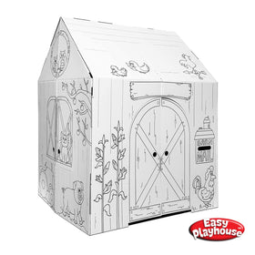 Easy Playhouse Made in USA emphasizes durable cardboard construction for versatile use.
