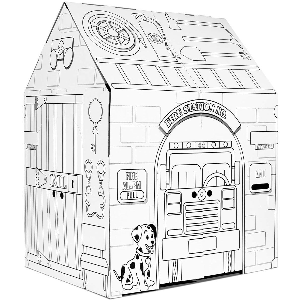 Easy Playhouse Police and Fire Station front view shows durable, imaginative play space.