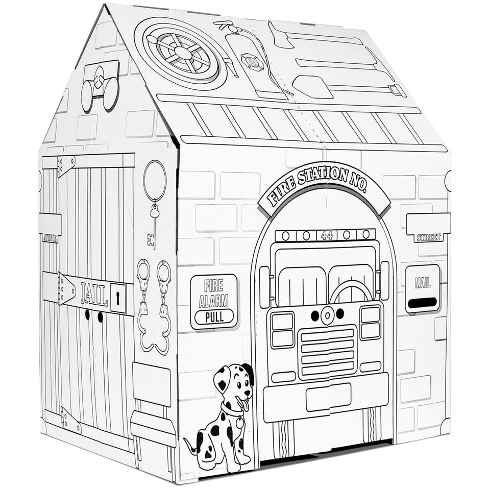 Easy Playhouse Police and Fire Station front view shows durable, imaginative play space.