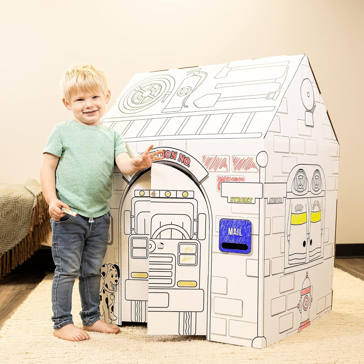 Easy Playhouse Police and Fire Station side view highlights a roomy interior for play adventures.