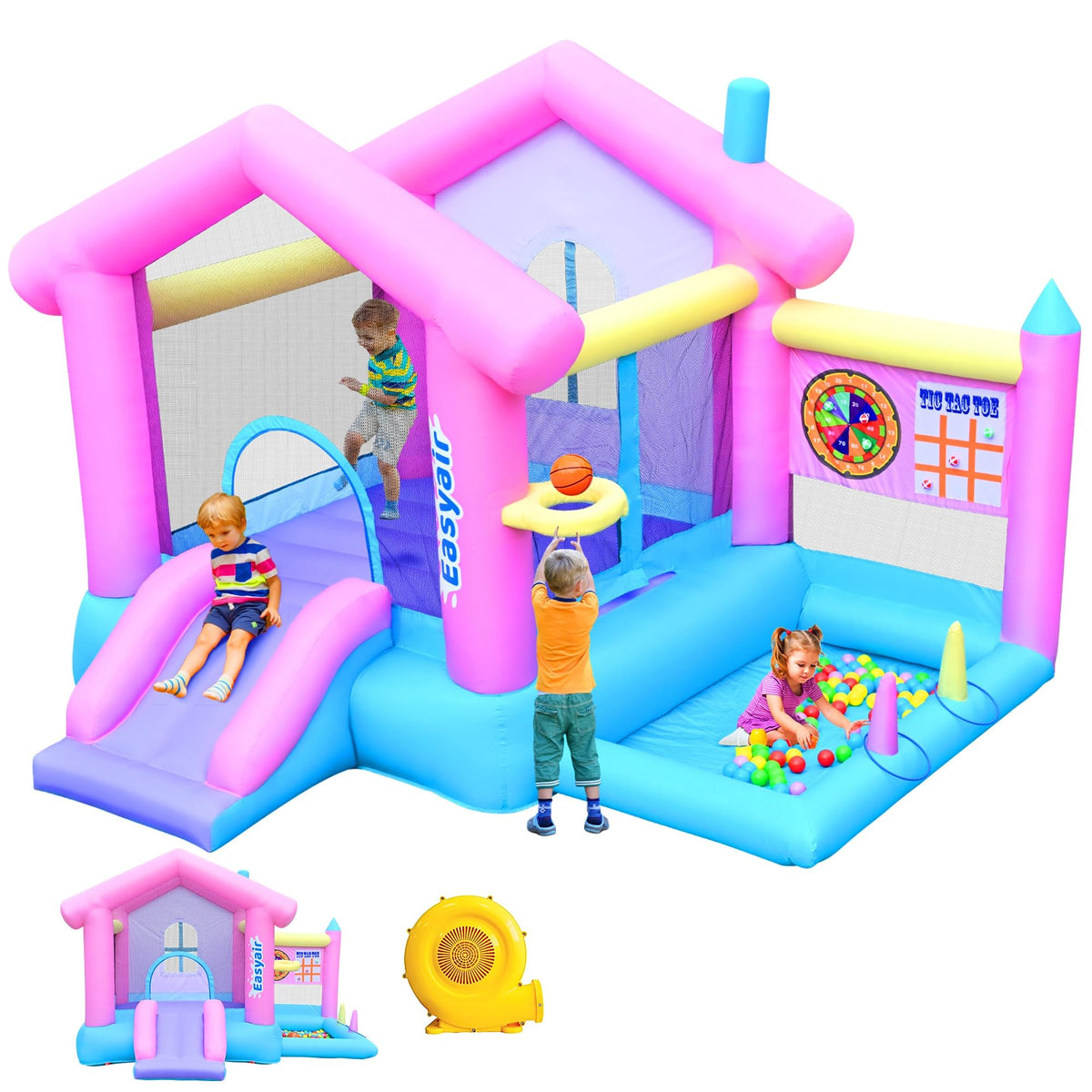 Easyair bounce house exterior view with safety net for child play.