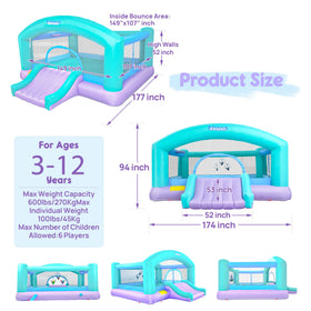 Easyair jump area reveals spacious 14.8 x 14.5 ft play space.