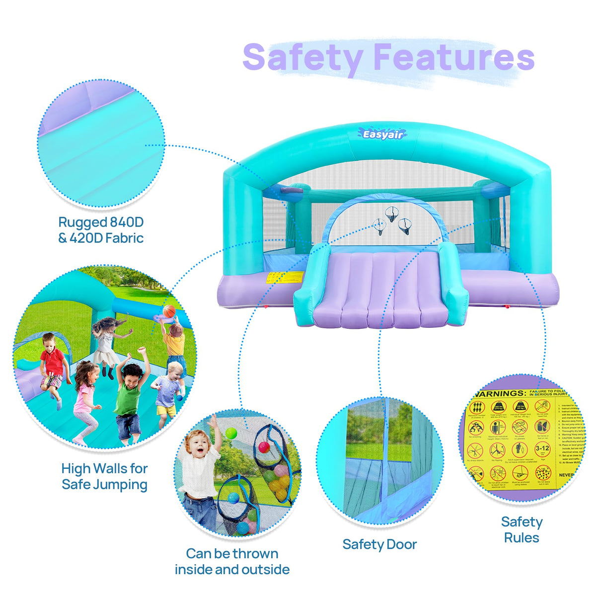Easyair safety net around jumping area enhances kid safety during play.