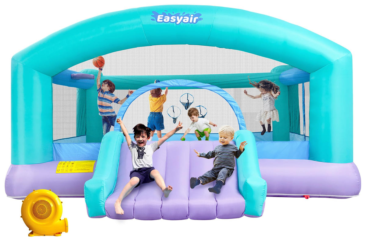 Easyair bounce house setup shows fast assembly for backyard fun.