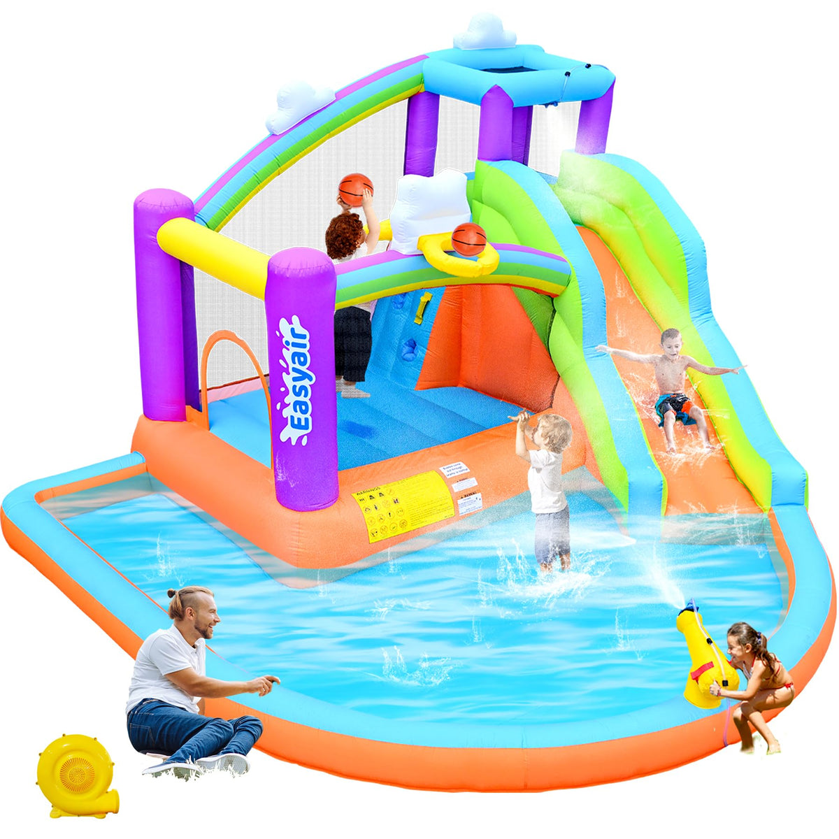 Easyair rainbow cloud bounce house front view showing spacious play area