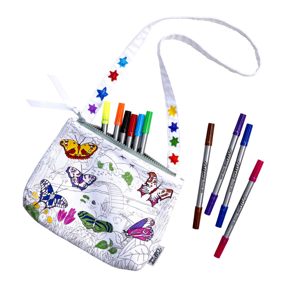 eatsleepdoodle butterfly crossbody bag front coloring, portable wearable art for kids
