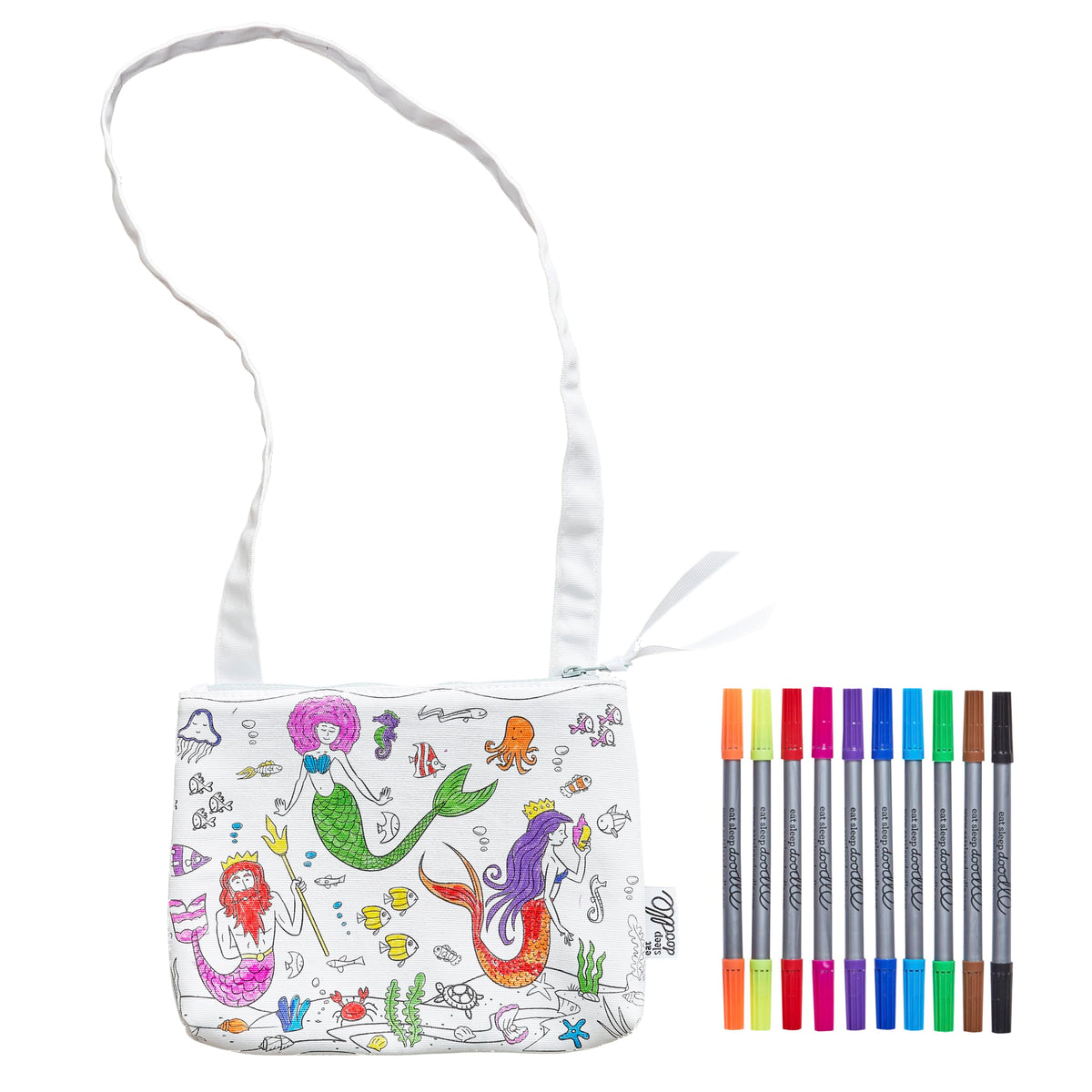 eatsleepdoodle Mermaid coloring bag closeup with vibrant washable markers for reusable fun