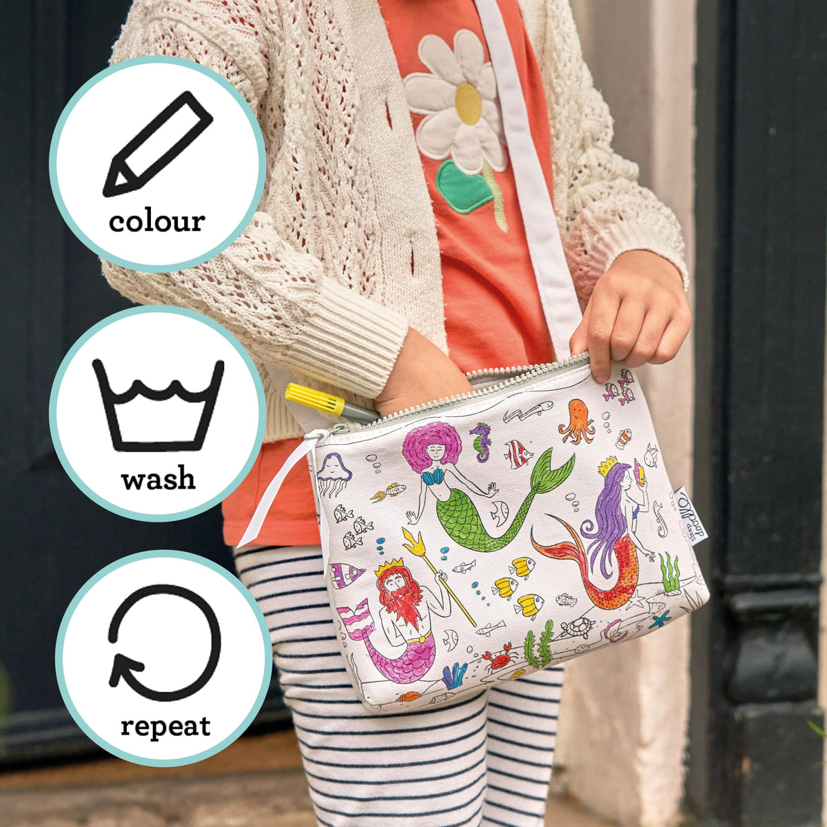 eatsleepdoodle Mermaid coloring bag in action for DIY wearables and play