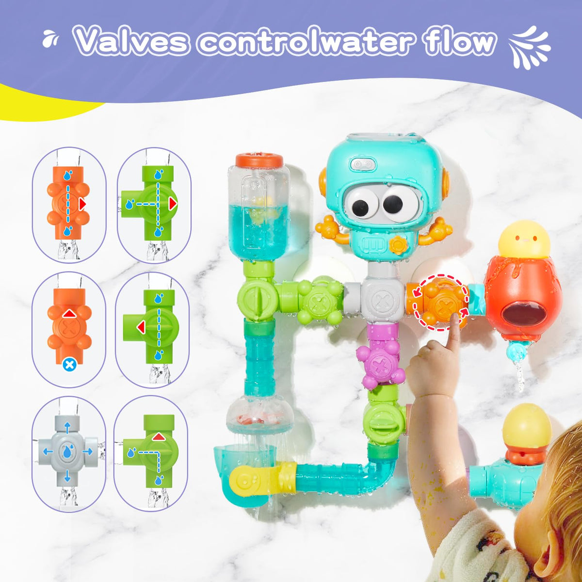 EazierWizter spraying nozzles introduce cause-and-effect play during bath time.