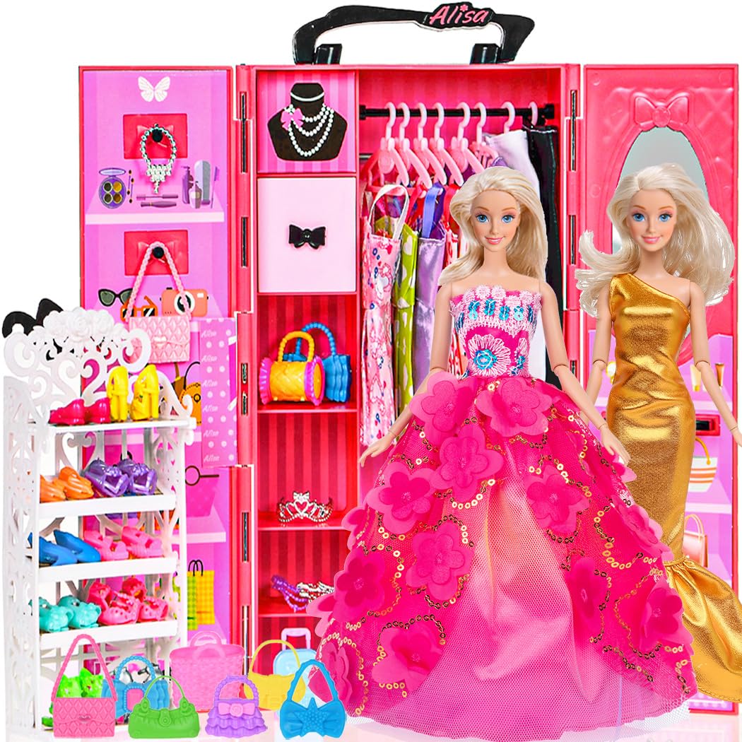 ebuddy 105-pcs doll wardrobe set with open doors for easy outfit planning.