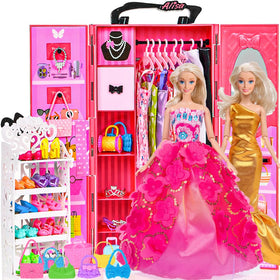 ebuddy 105-pcs doll wardrobe set with open doors for easy outfit planning.
