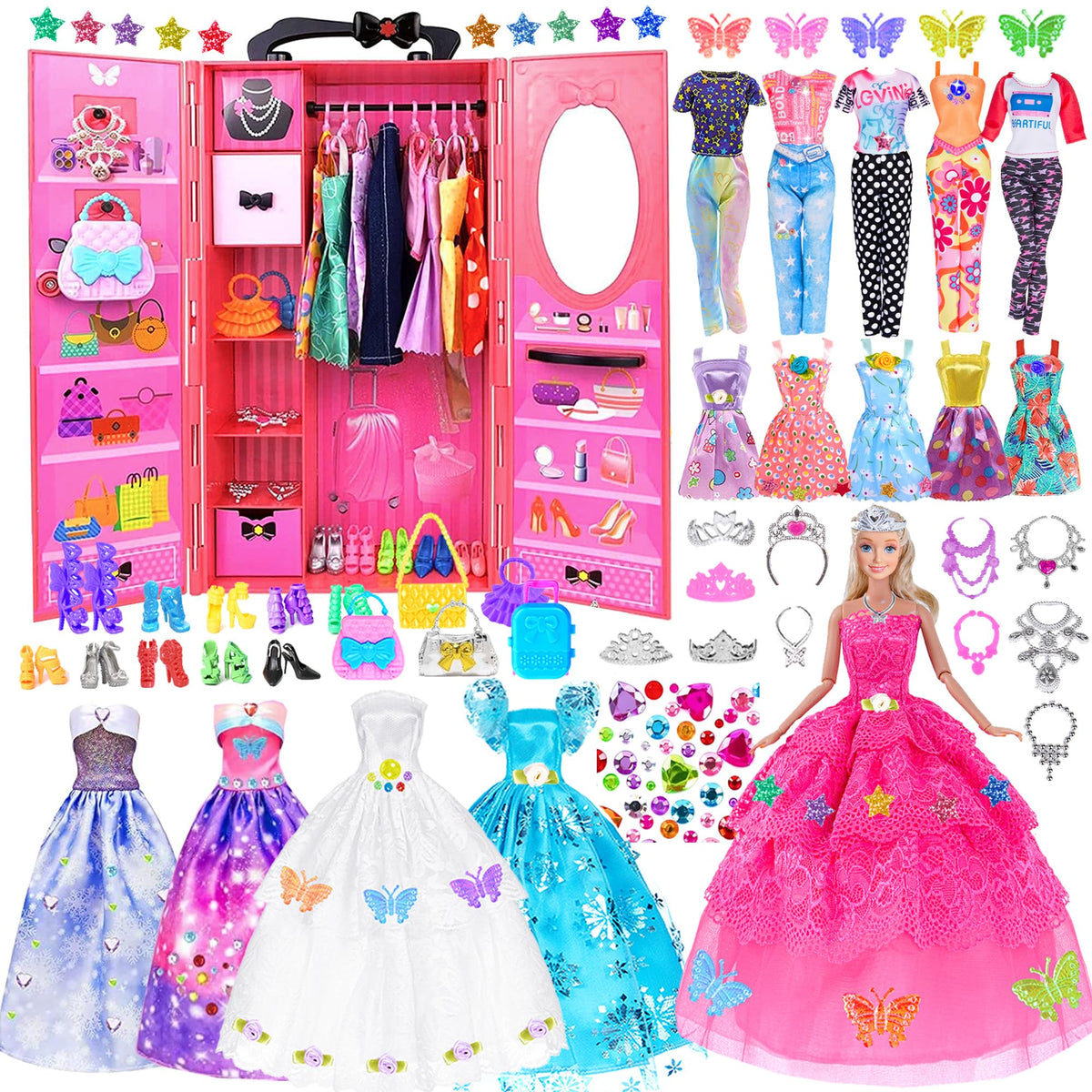 ebuddy 140pack doll wardrobe set opens to reveal organized storage for 11.5-inch dolls