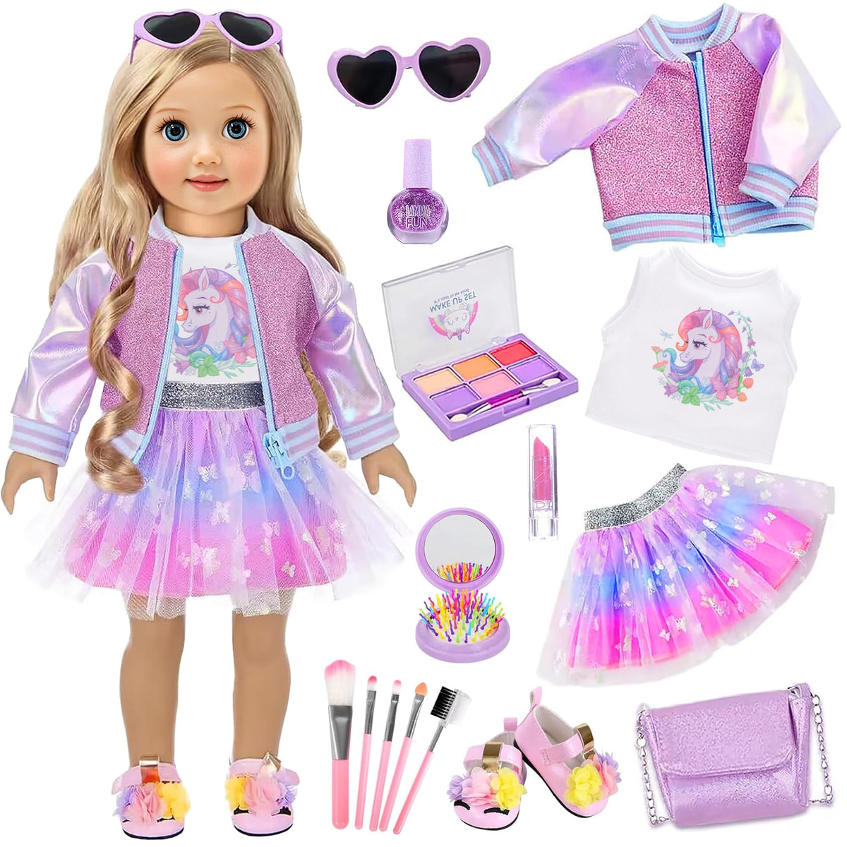 ebuddy 18-inch unicorn outfit with glitter jacket, ideal for imaginative dress-up and storytelling.