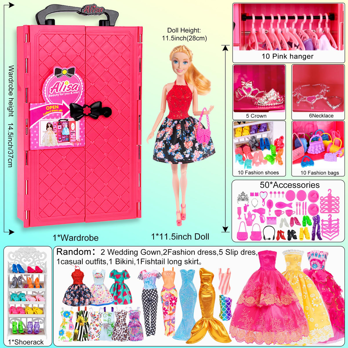 ebuddy doll closet open shows built-in storage for 56 fashions and accessories.