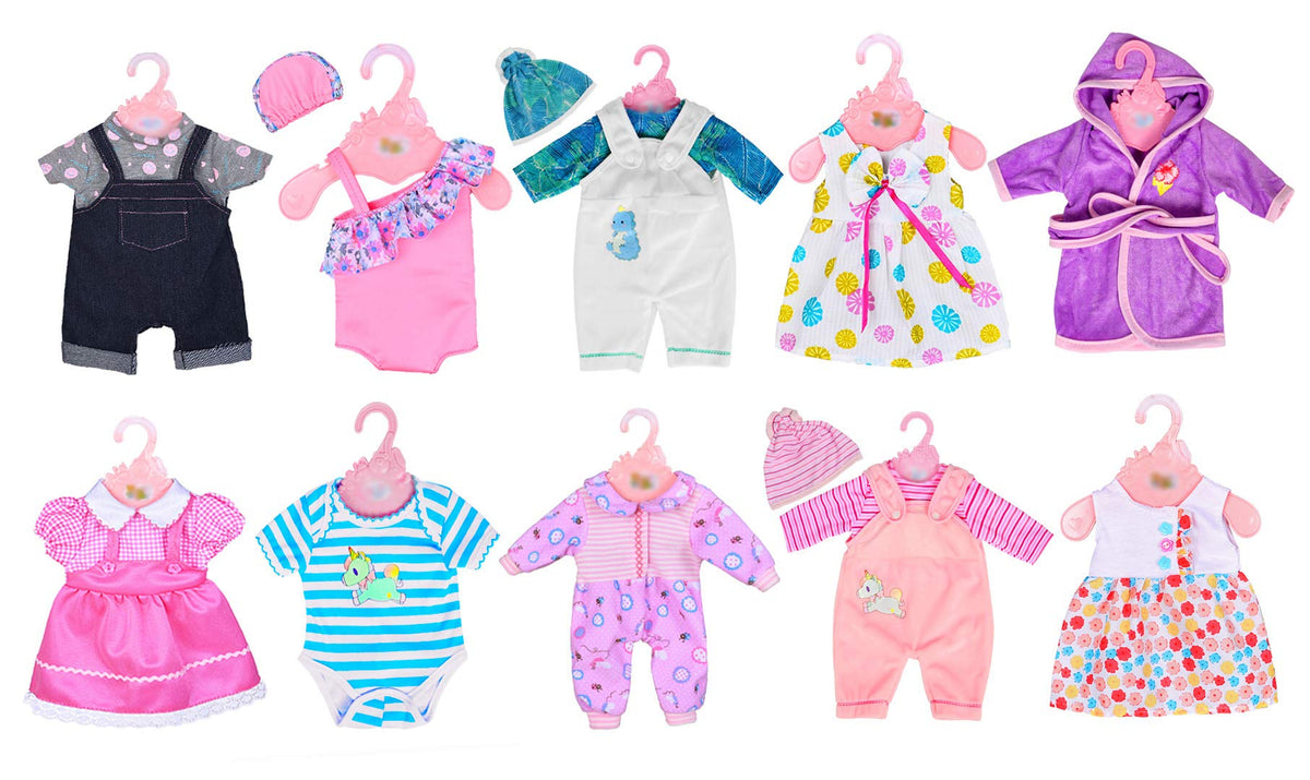 Ebuddy outfits shown for 14-18 inch dolls with varied colors.