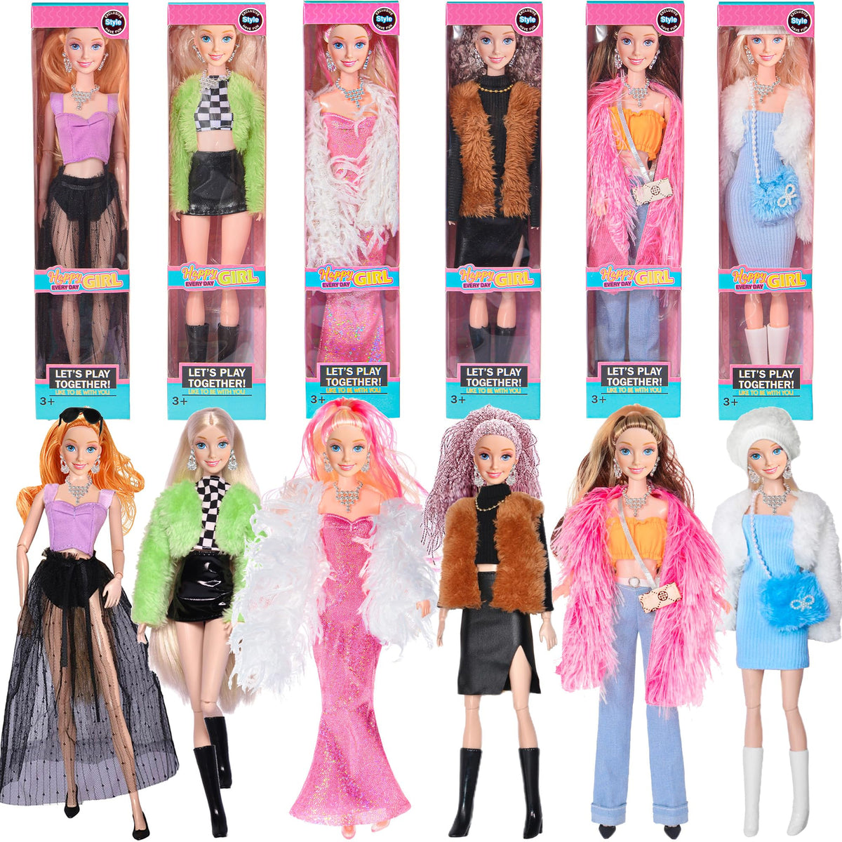 ebuddy six-pack fashion dolls ensemble, coordinated outfits for imaginative play and gifting.