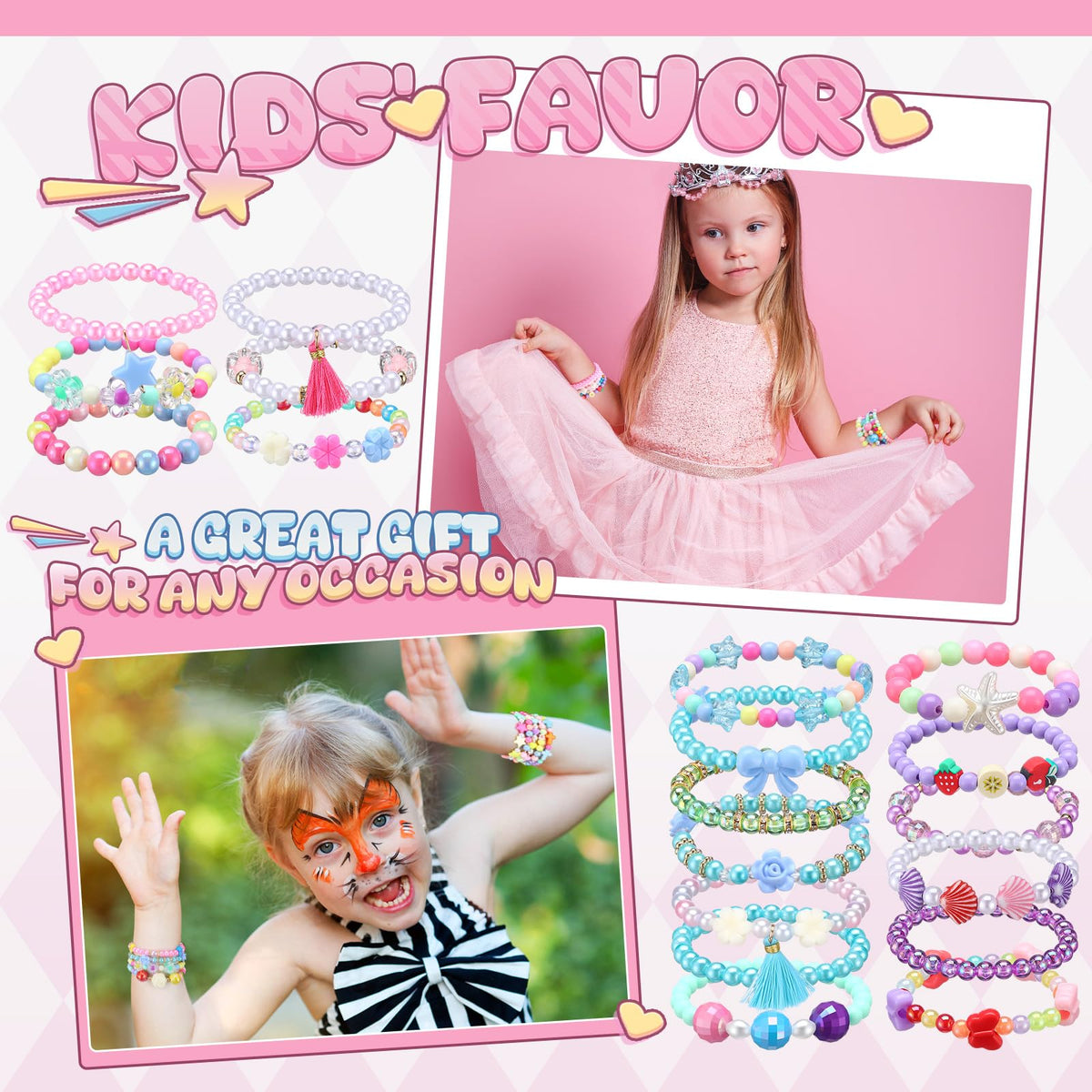 Ecally 50 Pcs Kids Bracelets with bows, durable elastic wear for daily play.