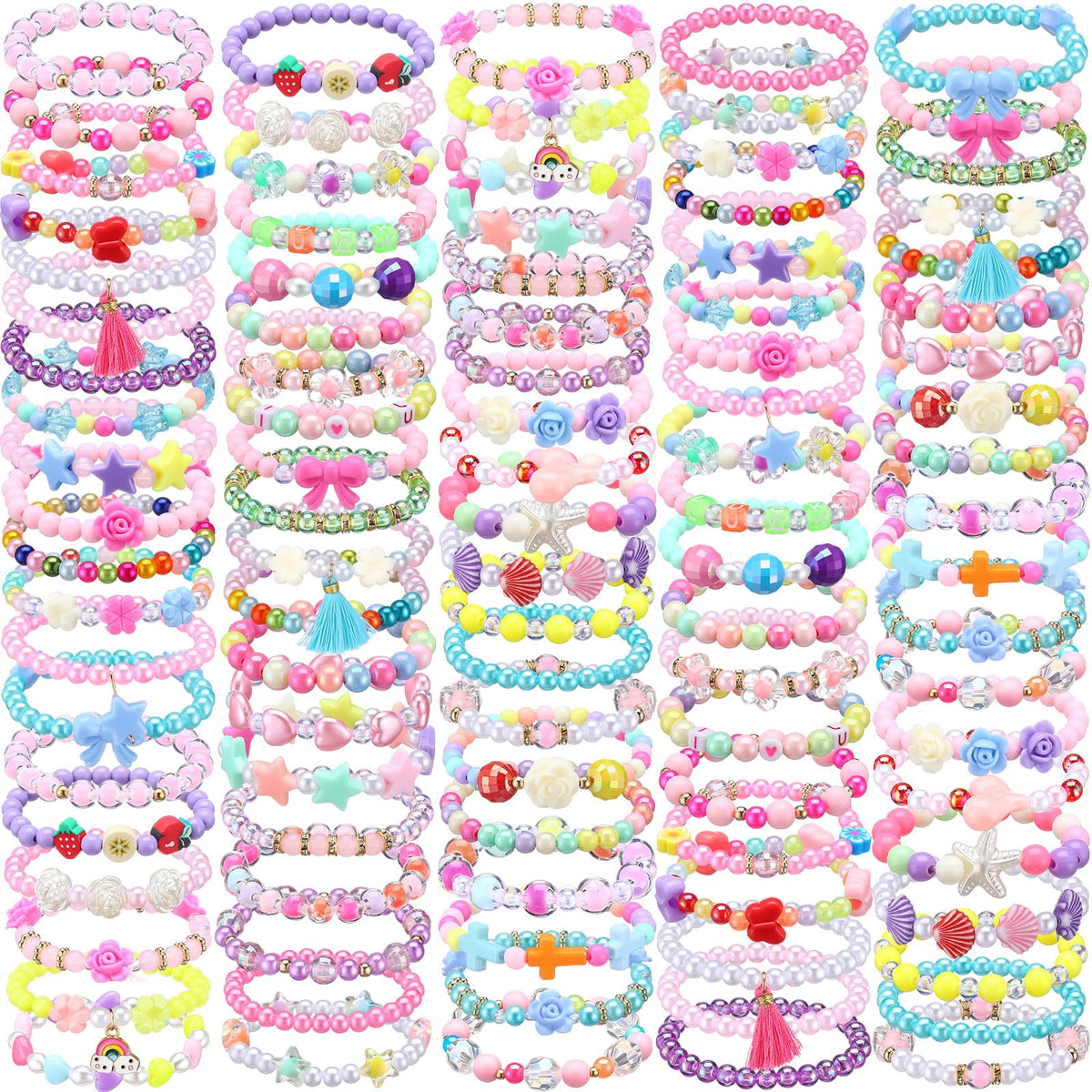 Ecally 50 Pcs Kids Bracelets with flowers, perfect birthday gift for girls.