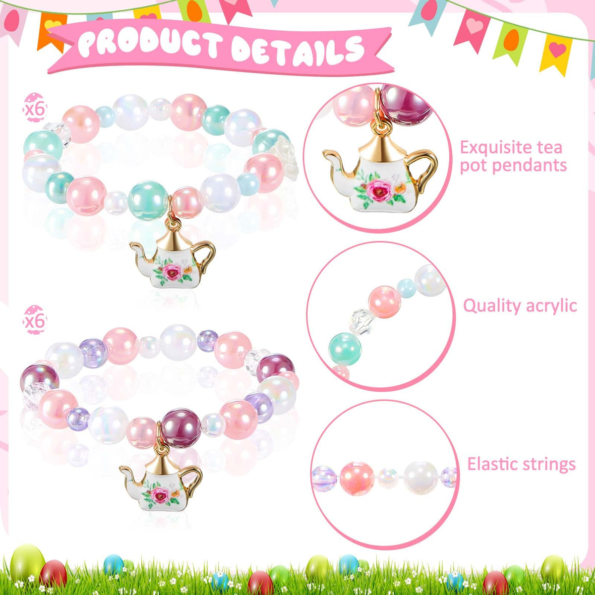 Ecally tea party bracelet elastic band close-up, comfortable fit for children.