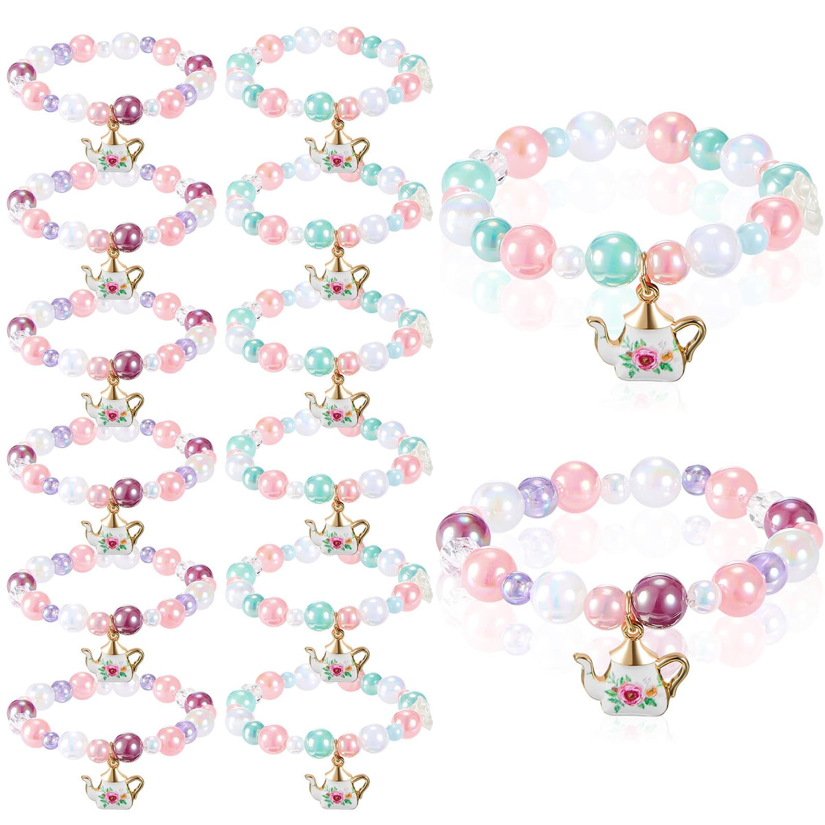 Ecally tea party bracelet teapot pendant close-up, ideal party favor for kids.