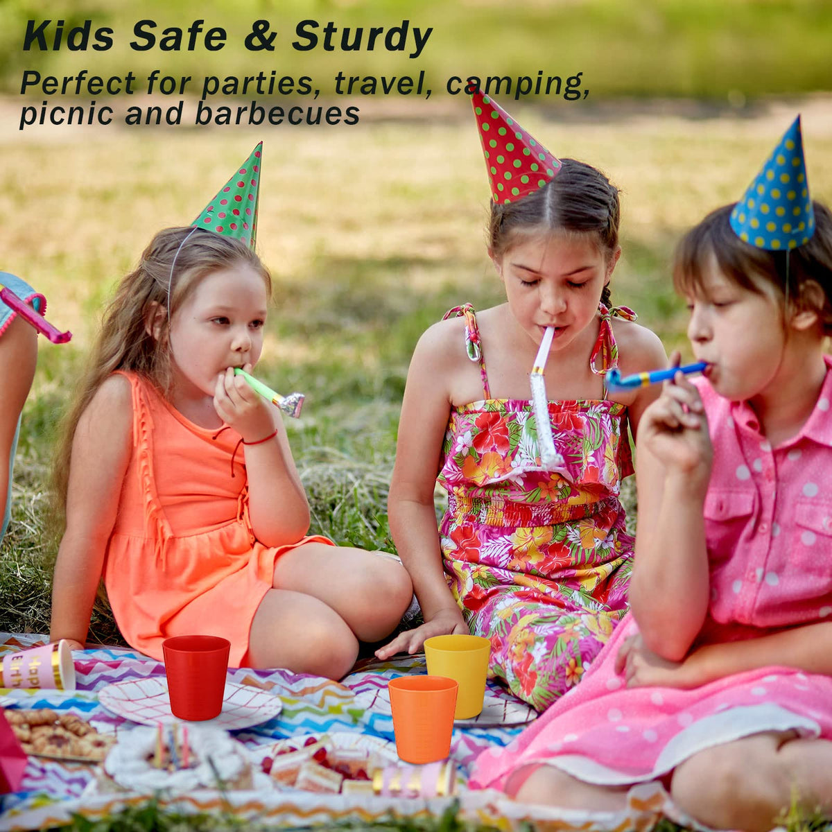 Eccliy rainbow cups ideal for picnics and outdoor meals.